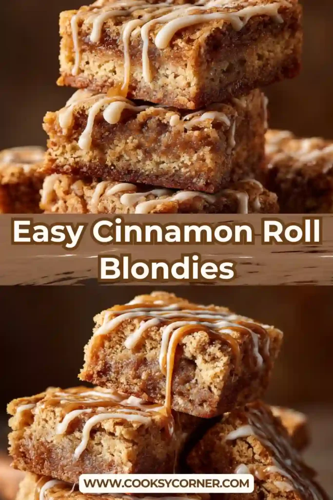 Close-up of golden Cinnamon Roll Blondies drizzled with icing showing soft texture and cinnamon layers.