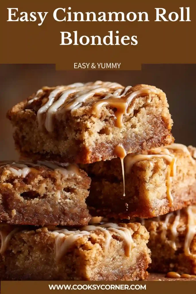Freshly baked Cinnamon Roll Blondies with cinnamon swirls and cream cheese glaze on top. Soft and chewy dessert bars cut into squares.