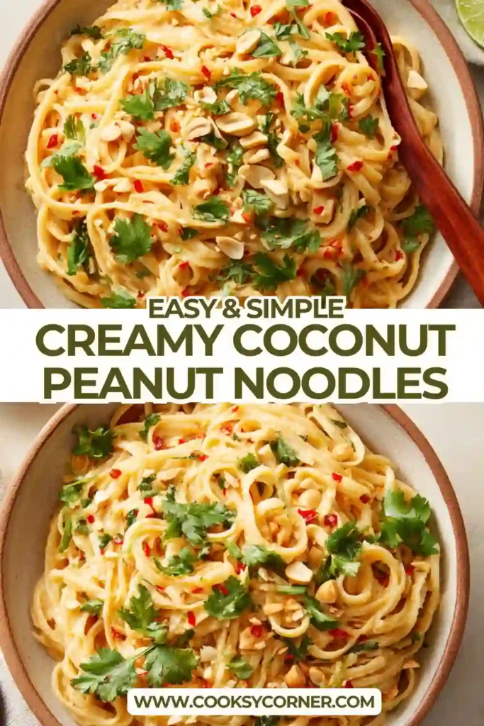 Close-up of creamy coconut peanut noodles with chicken, cabbage, and bean sprouts in a silky sauce.