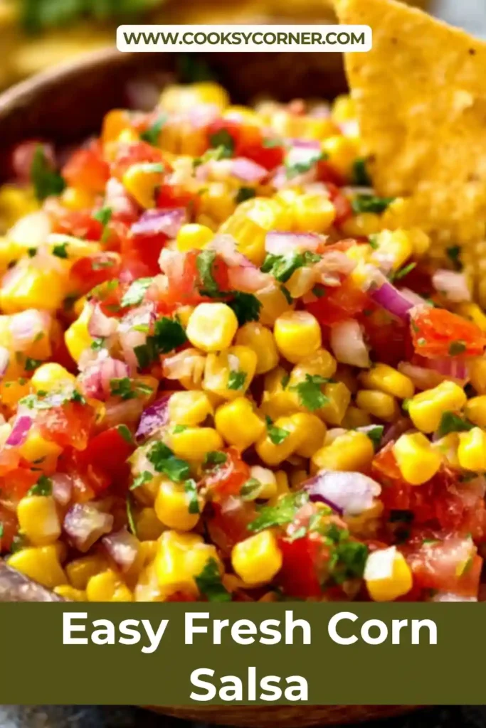 Fresh corn salsa served in a bowl with visible tomatoes, onions, and herbs, highlighting a healthy and easy homemade dip.