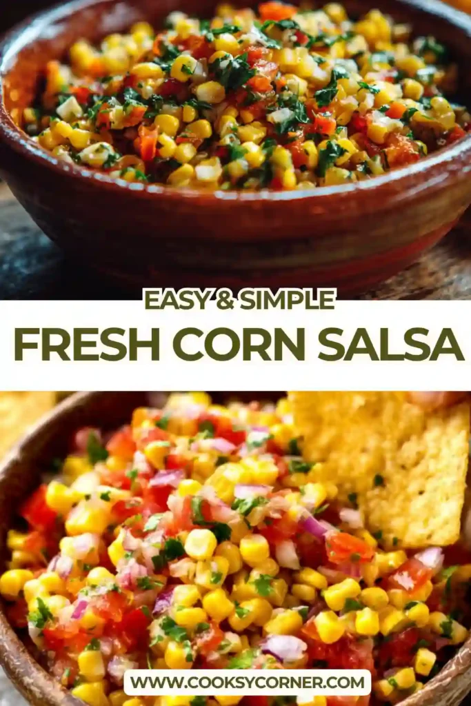 Close-up of homemade corn salsa recipe showing juicy corn kernels, diced vegetables, and lime dressing. Bright and refreshing texture.