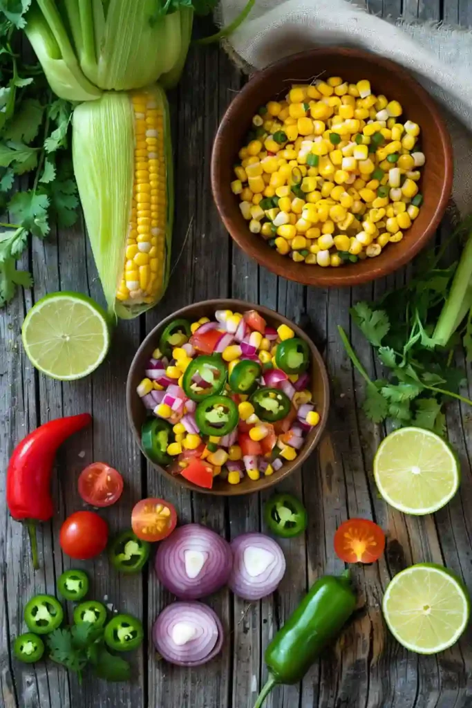 Colorful corn salsa recipe made with sweet corn and fresh vegetables, ideal for serving with chips or as a topping.