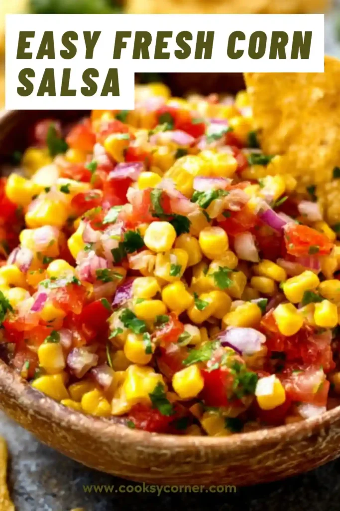 A bowl of fresh corn salsa with sweet corn, tomatoes, and cilantro mixed together in a vibrant, colorful dish. Perfect for a light appetizer.