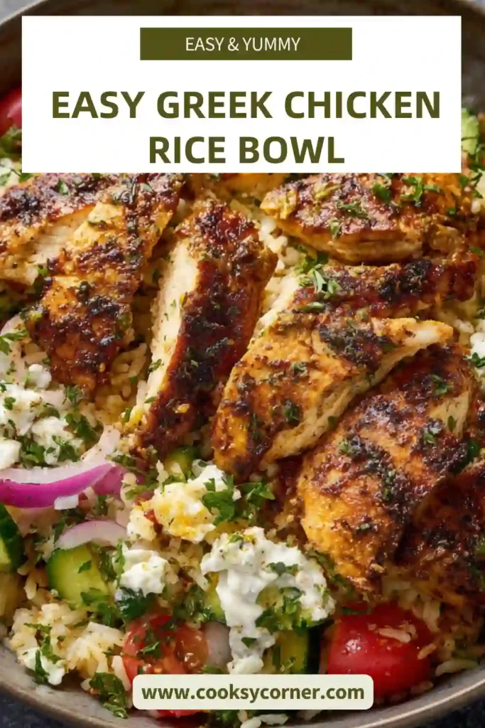 Greek chicken bowl with lemon rice and creamy tzatziki topping.