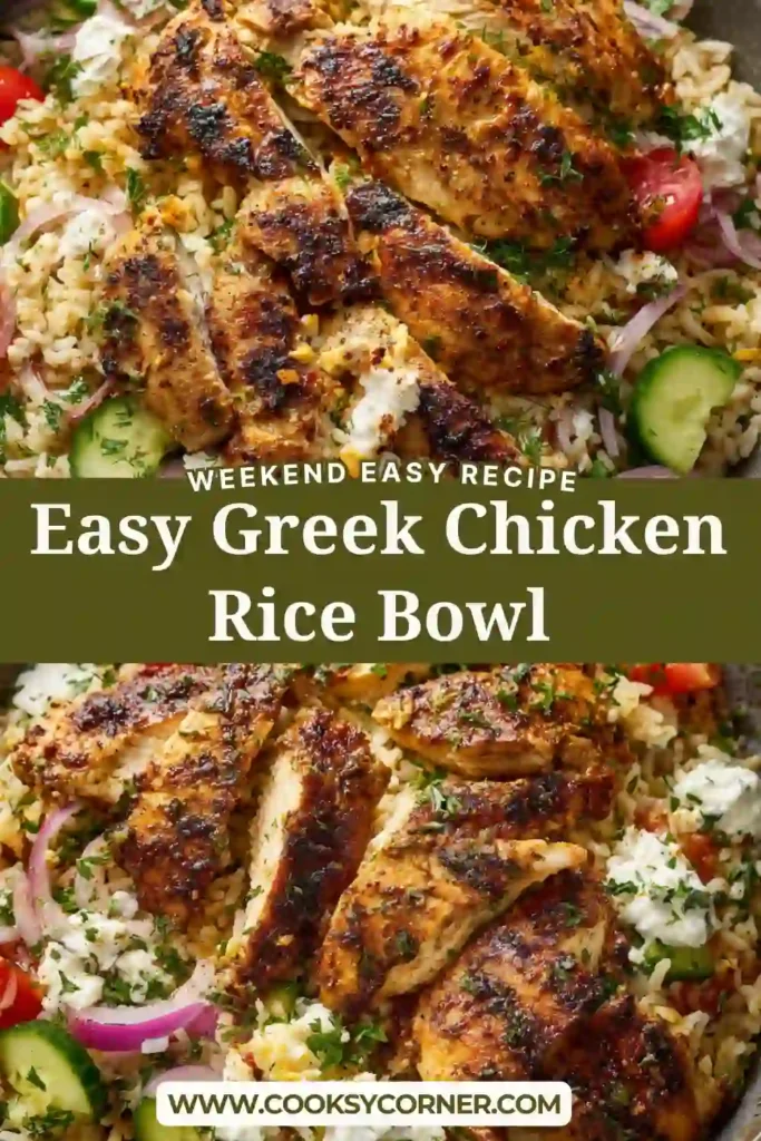 Mediterranean chicken rice bowl with fresh vegetables and feta cheese.