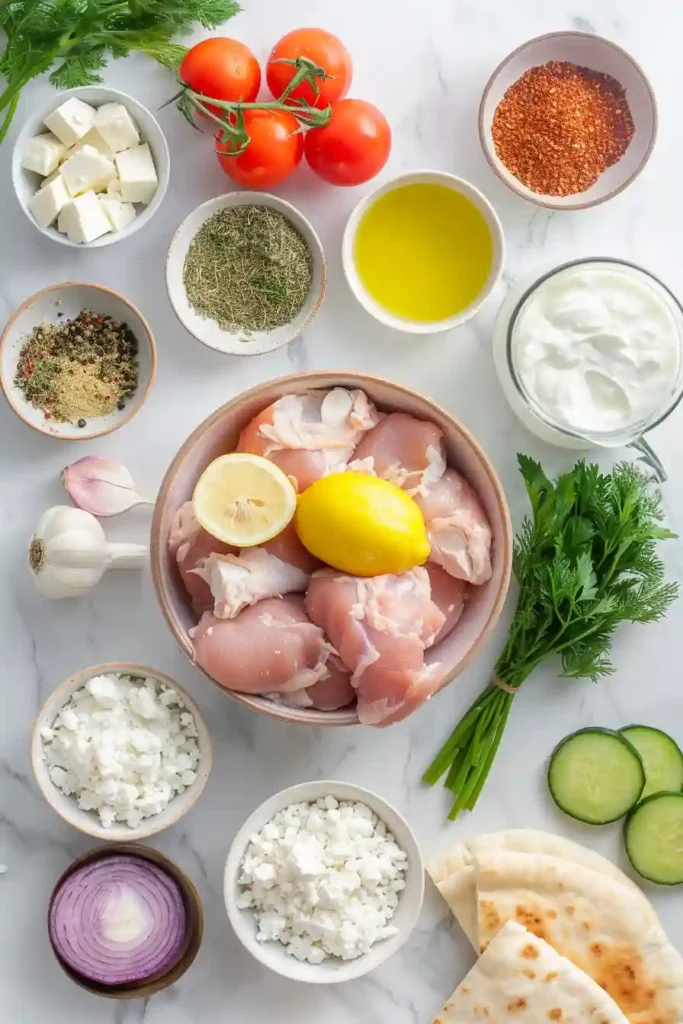 Overhead view of Greek chicken and rice bowl with colorful toppings.