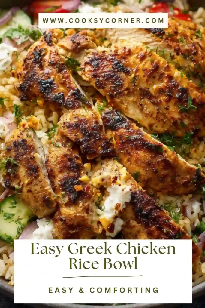 Easy Greek Chicken Rice Bowl with chicken, rice, salad, and tzatziki sauce.