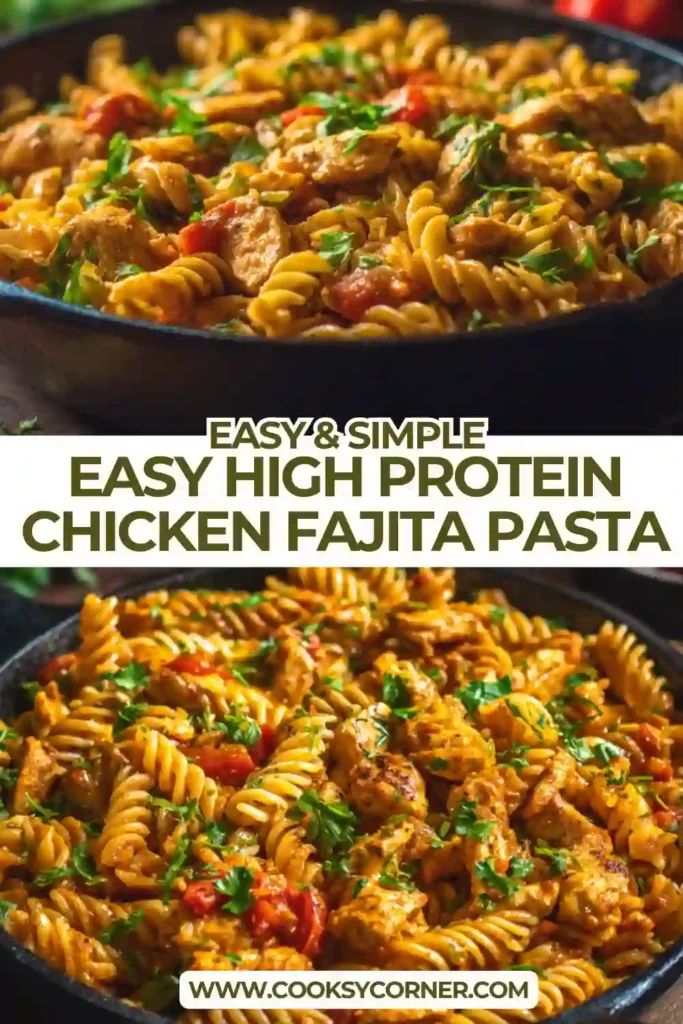 Creamy chicken fajita pasta with bell peppers and tender chicken pieces. A healthy and protein-packed dinner idea.