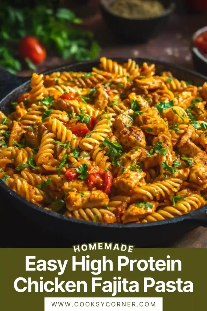 Close-up of high protein chicken pasta with melted cheese and spices. The texture is creamy with vibrant vegetables.