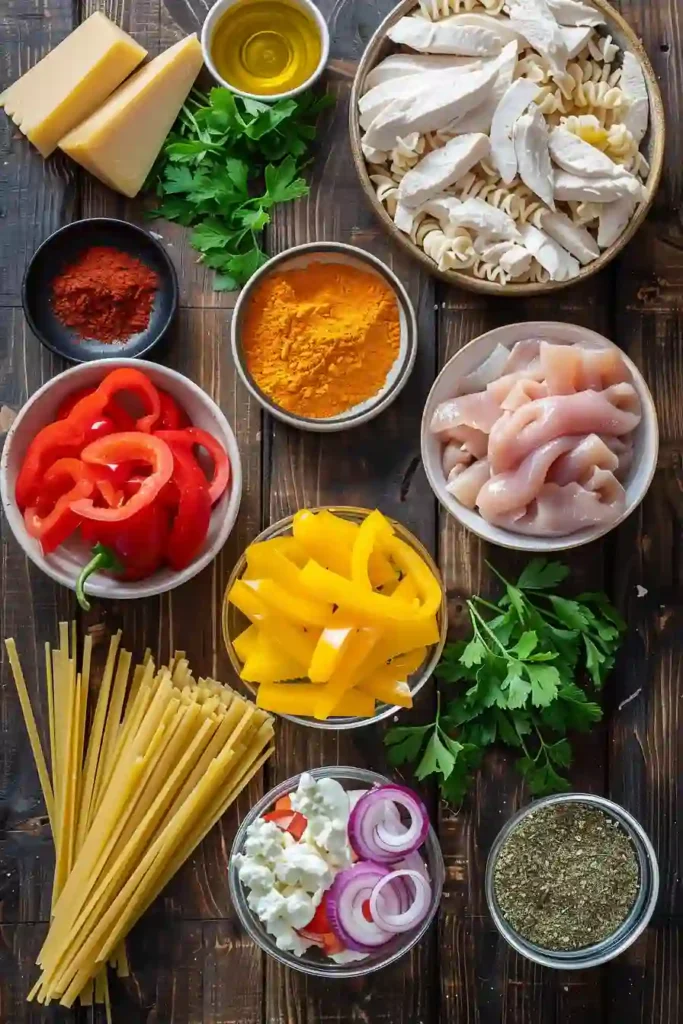 Chicken fajita pasta plated with herbs and cheddar cheese. A wholesome and easy high protein meal.