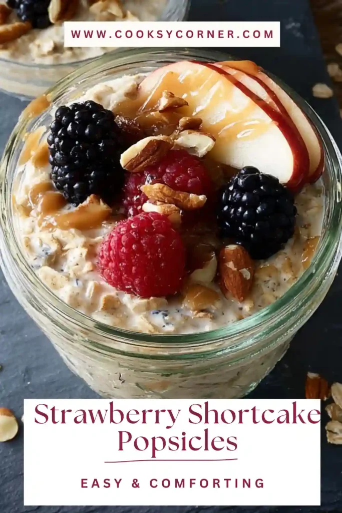 Close-up of easy overnight oats with sliced fruit and honey drizzle in a glass container.