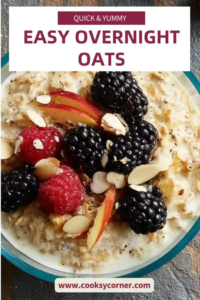 A jar of easy overnight oats topped with fresh berries and nuts, showing a creamy texture and healthy breakfast presentation.