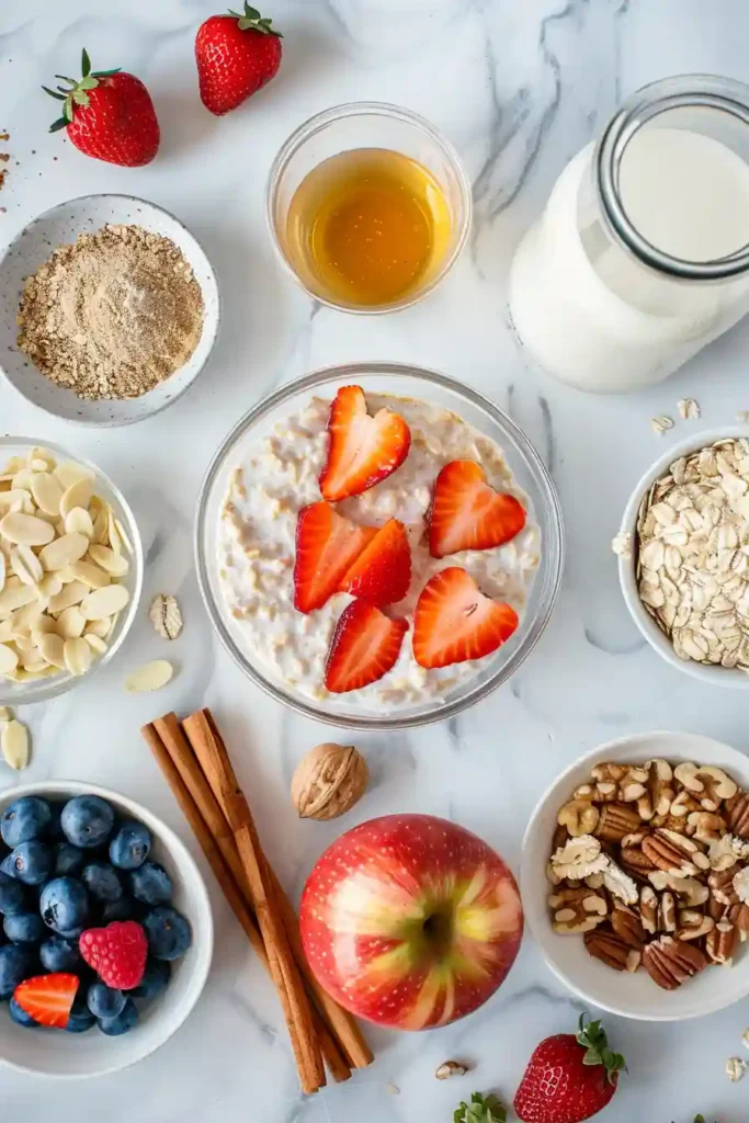 Healthy easy overnight oats breakfast served in glass jars with strawberries and almonds.