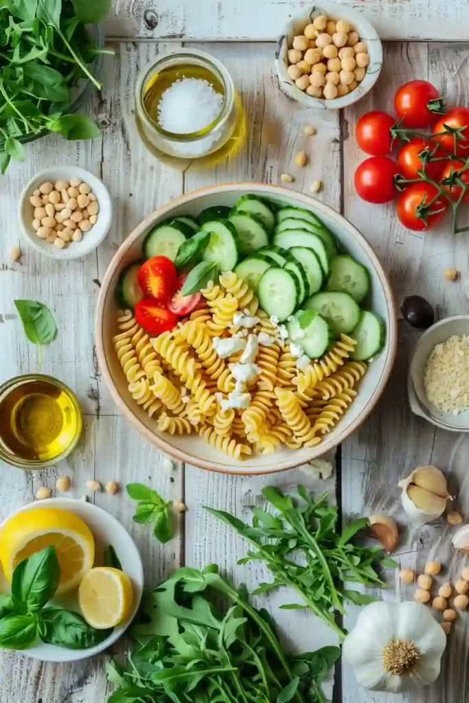 Colorful vegetarian pasta salad with basil, mint, and pine nuts.
