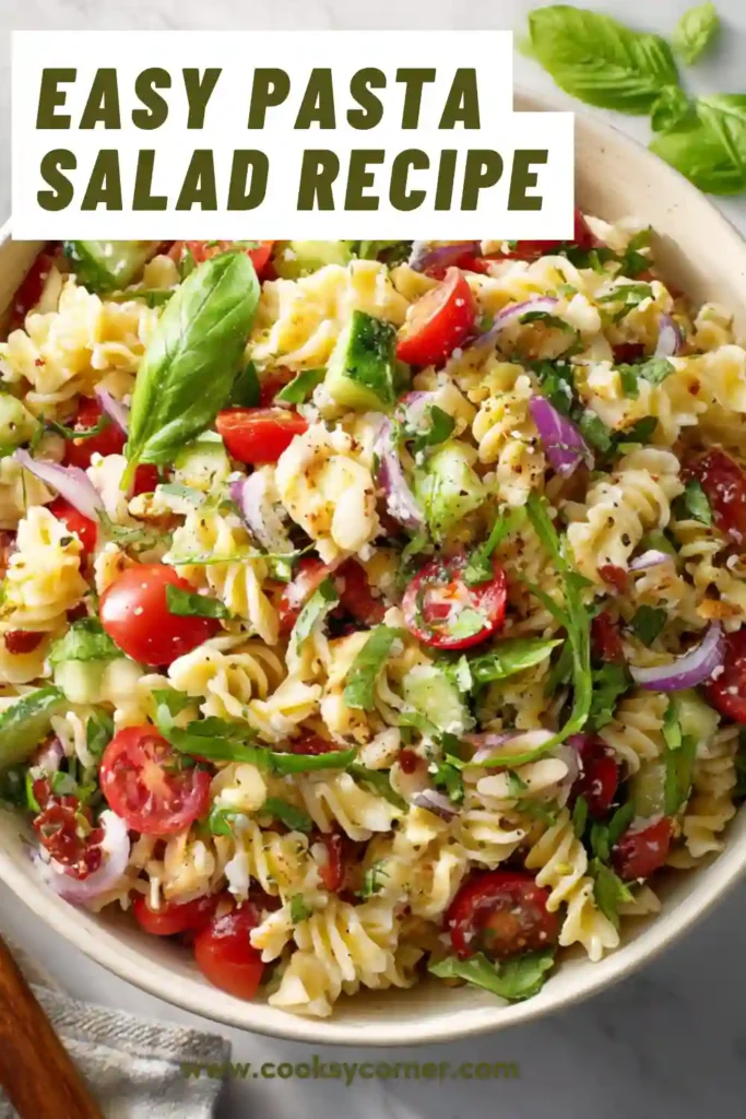 Easy pasta salad recipe with cherry tomatoes, cucumbers, chickpeas, and feta cheese in a large bowl.