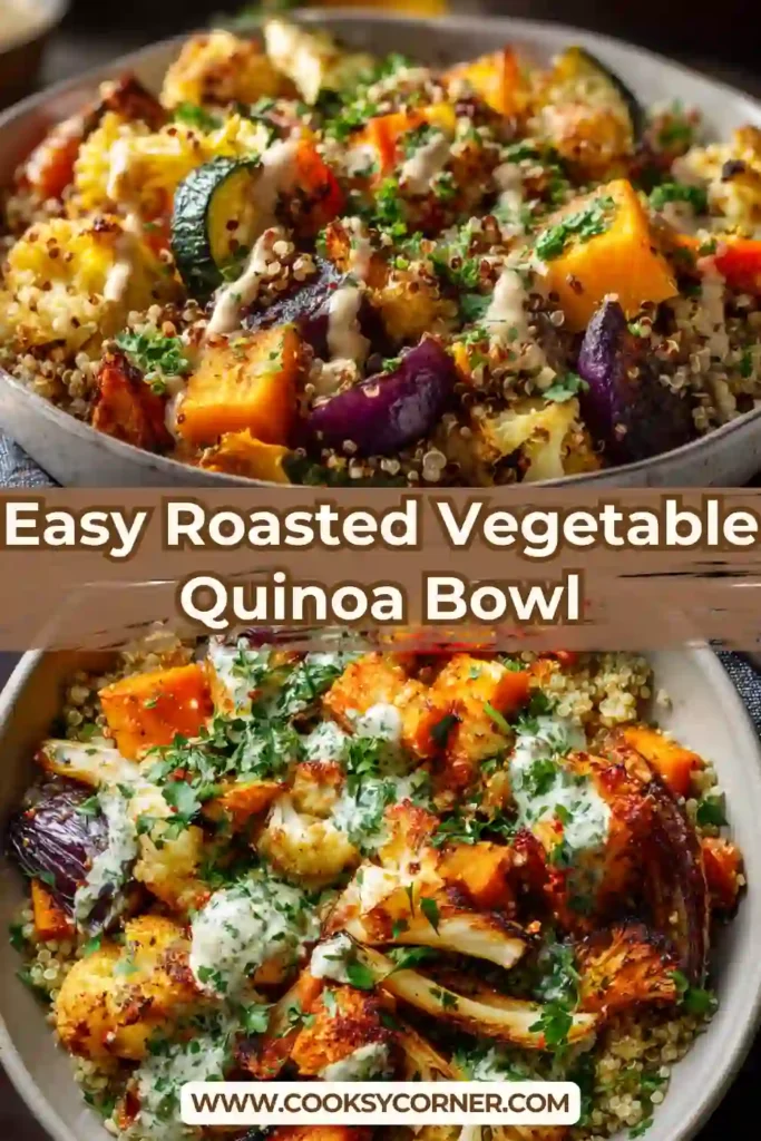 Healthy roasted vegetable quinoa bowl topped with parsley and creamy dressing, perfect for vegan meal prep.