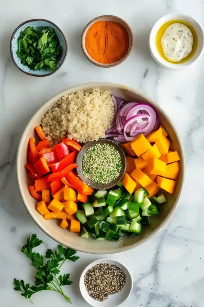 Nutritious quinoa bowl with roasted vegetables and tahini drizzle served fresh and warm.