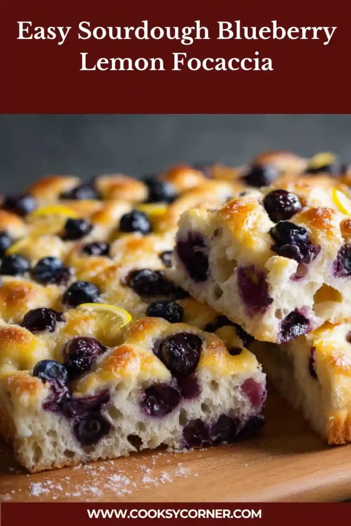 Sweet focaccia bread with lemon drizzle and blueberry topping.