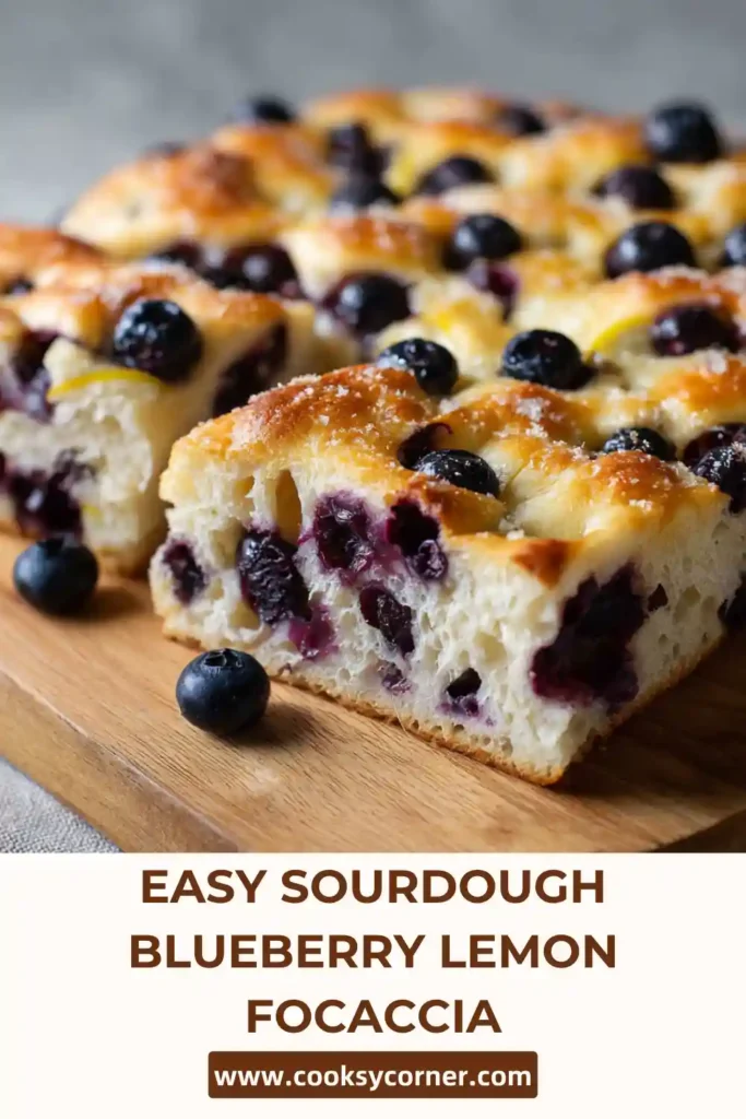 Sourdough blueberry lemon focaccia with glaze and fresh blueberries.