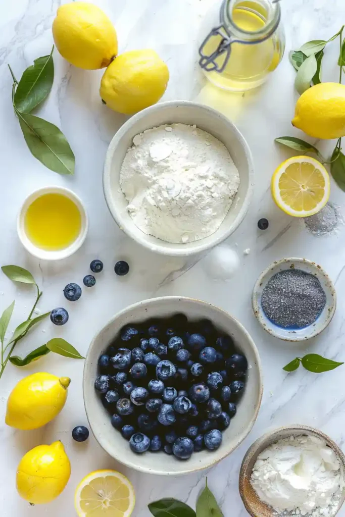 Golden focaccia bread topped with blueberries and lemon icing.