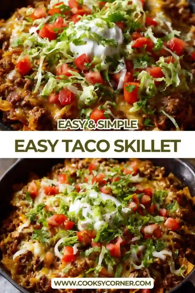 Close-up of cheesy taco skillet with seasoned beef and fluffy rice, garnished with shredded lettuce. A delicious one-pan taco rice meal.
