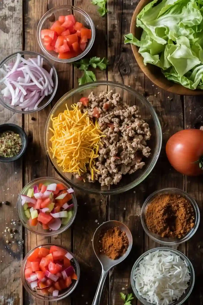 Ground beef taco skillet with rice and cheese, cooked in one pan and topped with crisp lettuce for a balanced meal.