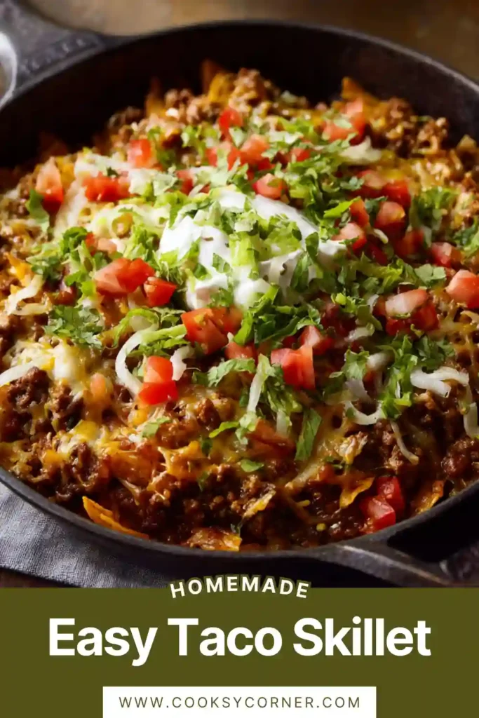 A skillet filled with easy taco skillet made with ground beef, rice, and melted cheese topped with fresh lettuce. The dish looks warm and hearty, perfect for a quick dinner.