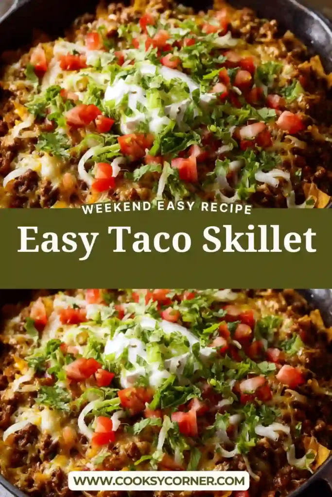 Easy taco skillet served in a pan with melted cheese and fresh toppings, showcasing a comforting and flavorful dinner option.