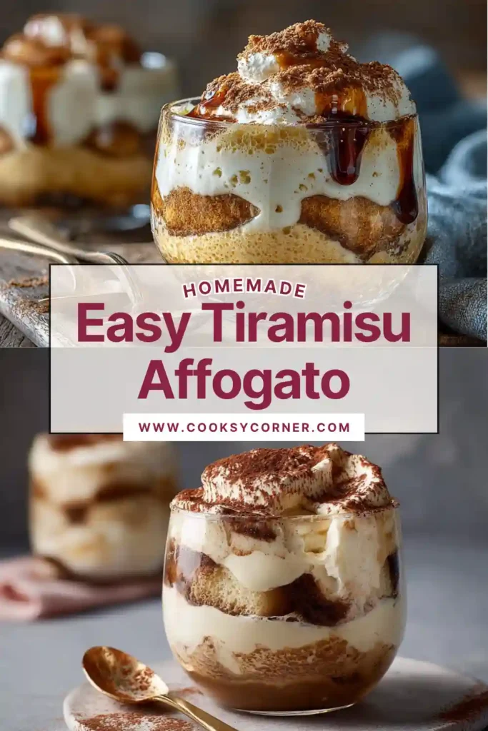 Close-up of a creamy tiramisu affogato dessert with melting ice cream and rich espresso layers in a clear glass.