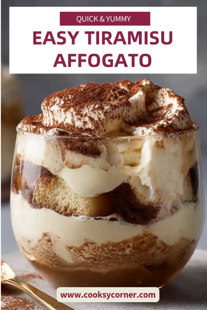 A glass of tiramisu affogato layered with espresso-soaked sponge fingers, mascarpone cream, and chocolate ice cream topped with cocoa powder.