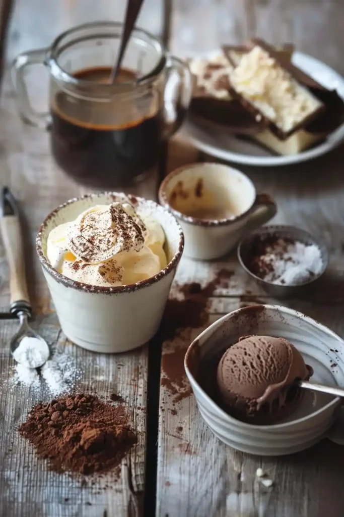 Freshly made tiramisu affogato with layered textures of cream, coffee, and chocolate ice cream.