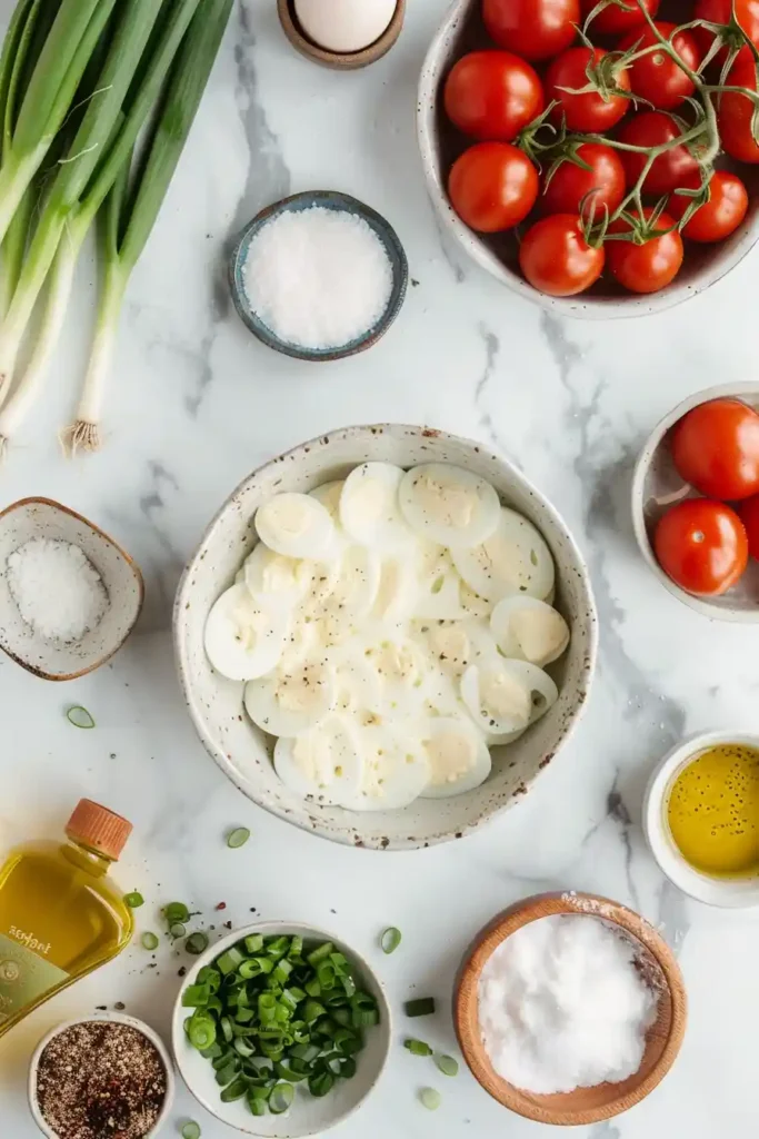 Light egg white omelette plated with fresh ingredients and minimal seasoning.
