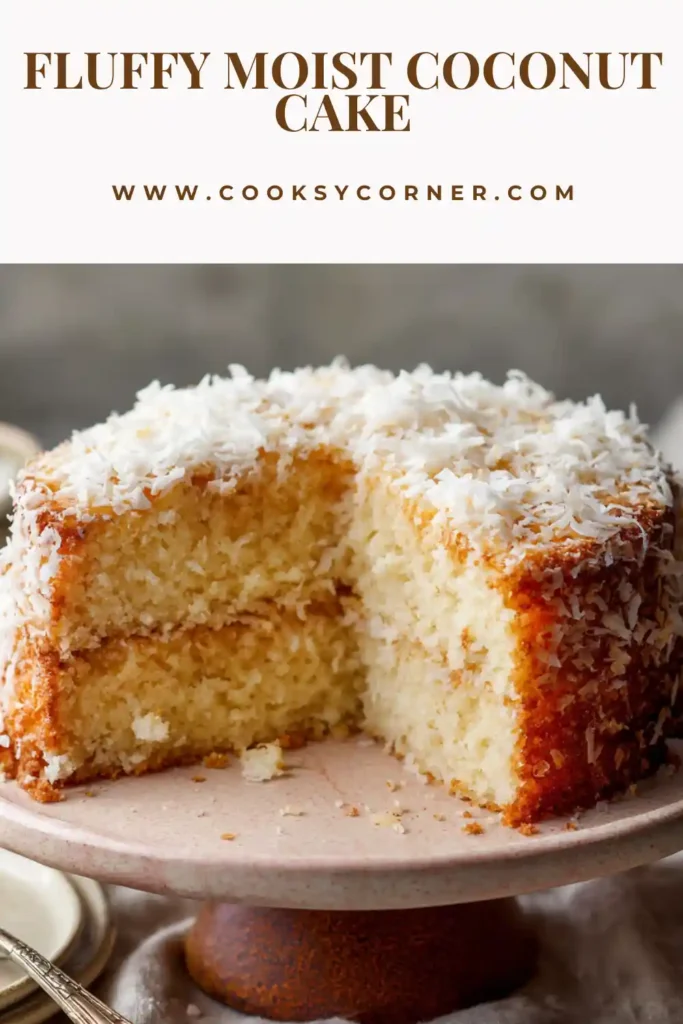 Close-up of coconut layer cake slice with creamy frosting and coconut flakes. Light and moist texture.