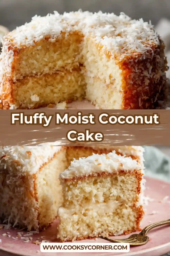 Fluffy Moist Coconut Cake layered with cream cheese frosting and shredded coconut topping. Soft and rich dessert.