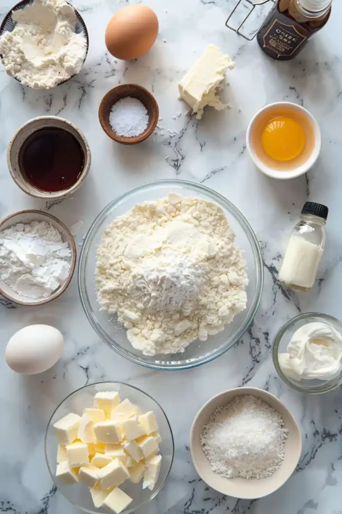 Coconut cake with soft crumb and creamy frosting served on a plate. Perfect celebration cake.