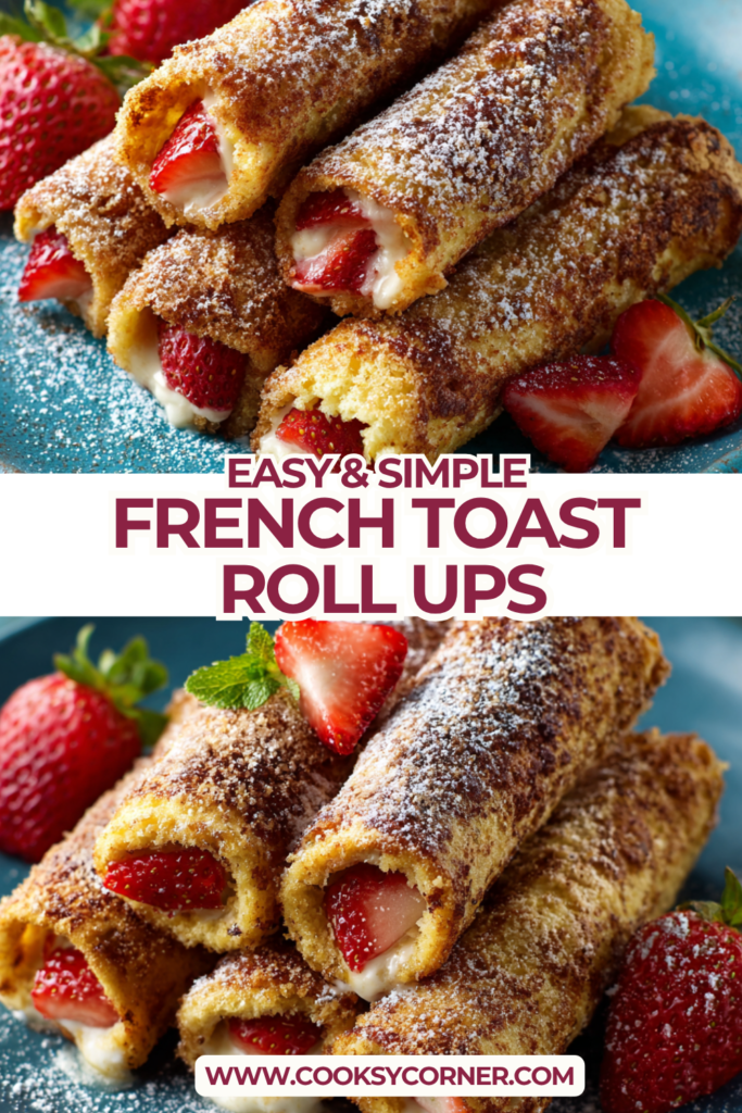 Close-up of crispy French Toast Roll-Ups filled with strawberries and cream cheese, dusted with cinnamon sugar.