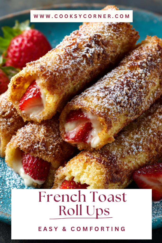 Golden brown French Toast Roll-Ups coated in cinnamon sugar on a plate with soft creamy filling inside. Perfect breakfast idea.