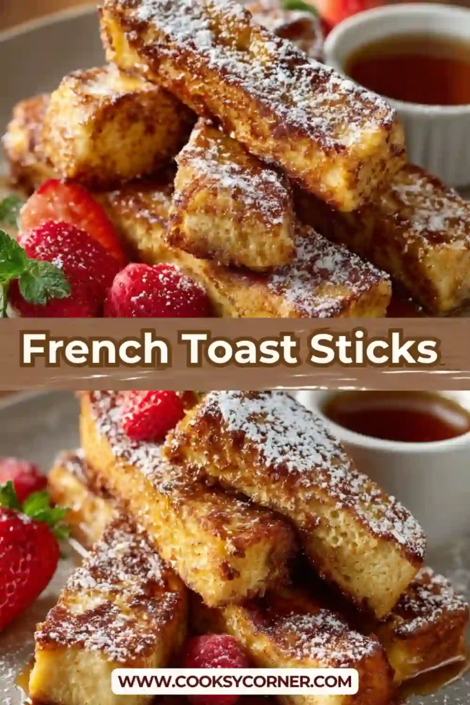 Breakfast plate of French toast sticks with syrup and fresh fruit on the side.