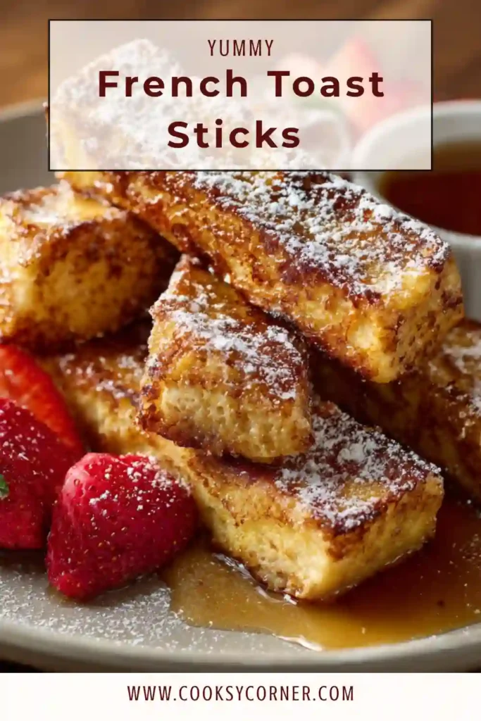 Golden crispy French toast sticks served on a plate with syrup and powdered sugar. Soft inside with a rich texture.