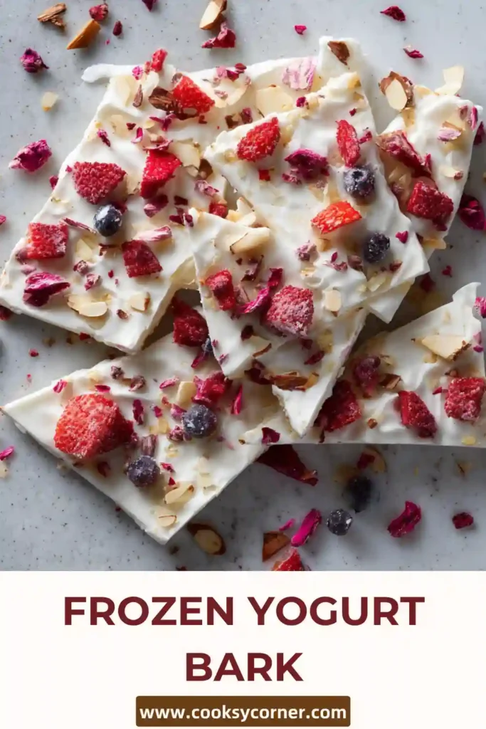 Healthy frozen yogurt bark pieces with colorful fruit toppings.