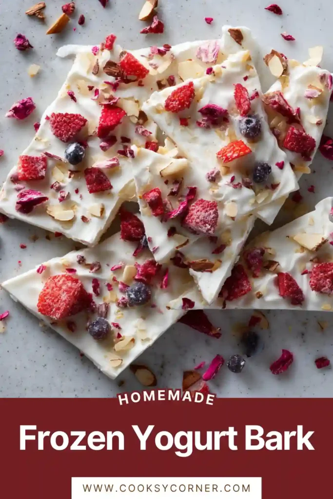 Close-up of yogurt bark topped with fresh berries and crunchy granola.