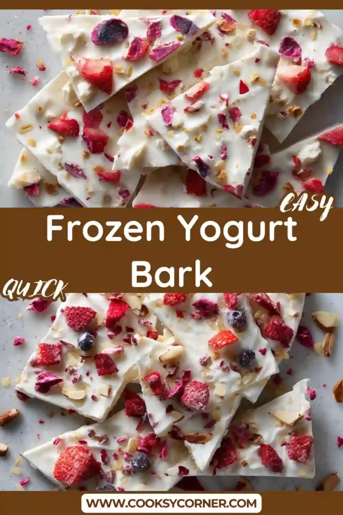 Frozen yogurt bark with strawberries, blueberries, and granola broken into pieces on a tray.