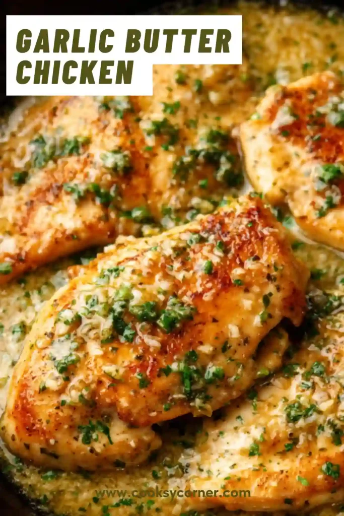Golden Garlic Butter Chicken in a skillet with a silky sauce made from butter, garlic, and chicken stock. This quick chicken dinner looks tender, flavorful, and perfect for a family meal.