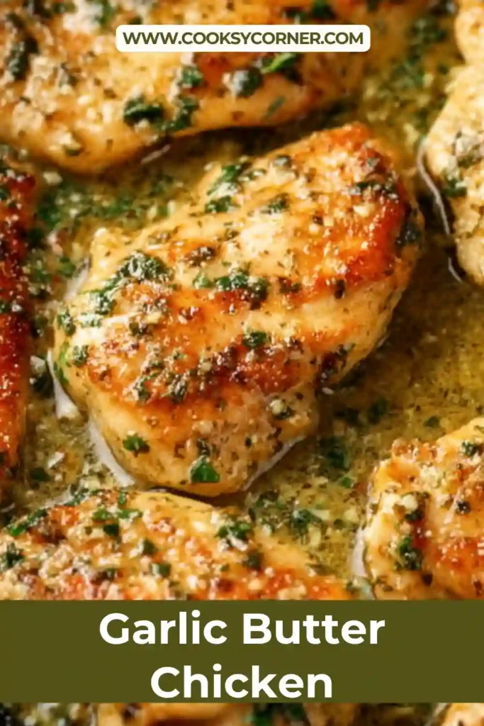 Skillet garlic butter chicken with melted butter sauce and fresh parsley sprinkled on top. Perfectly cooked chicken with golden edges.