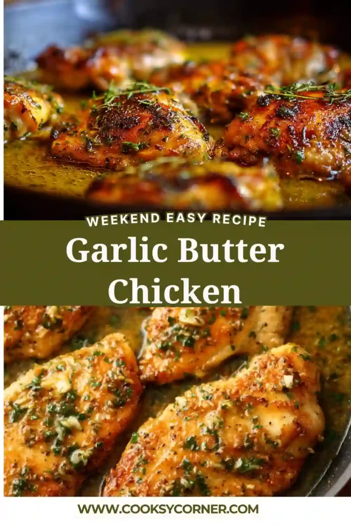 Close-up of garlic butter chicken breasts coated in creamy garlic sauce with herbs. The texture looks tender and flavorful.