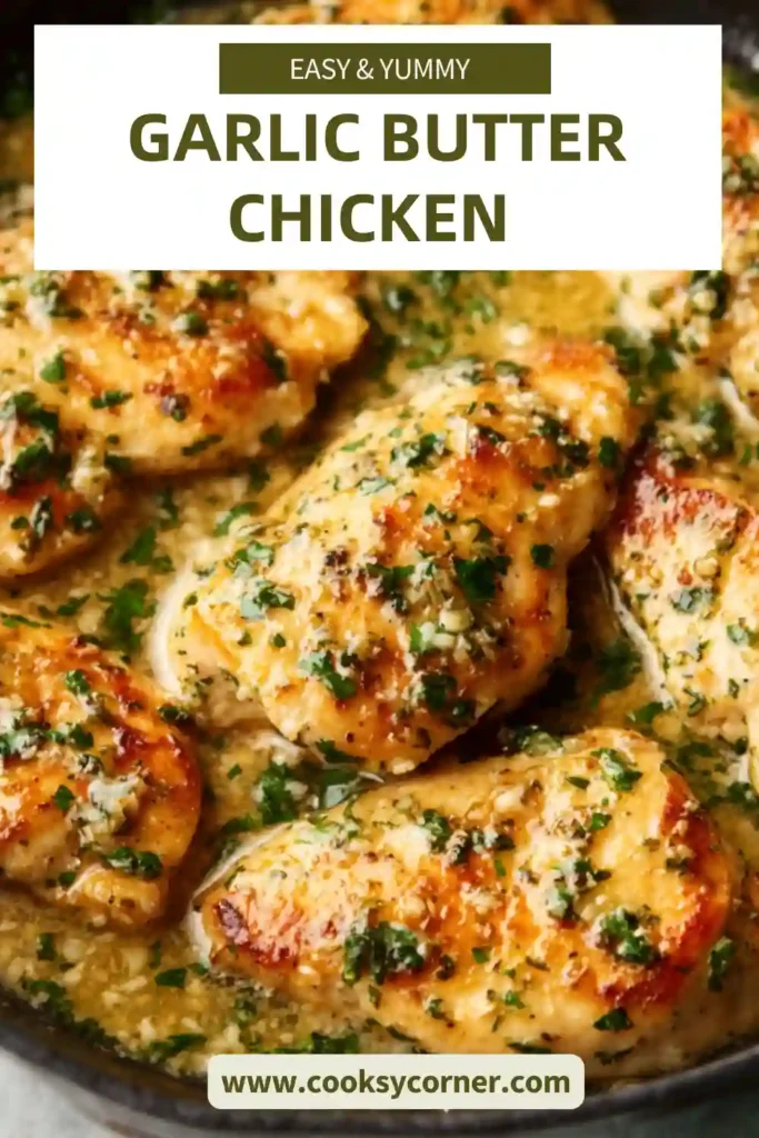 A plate of Garlic Butter Chicken served with a glossy garlic butter sauce and fresh parsley on top. The chicken is golden brown, juicy, and finished with lemon wedges for extra brightness.