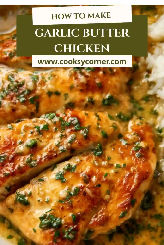 Garlic butter chicken served in a pan with rich buttery sauce and fresh parsley garnish. The chicken is golden and juicy with a glossy finish.
