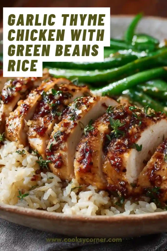 Juicy chicken thighs with garlic and thyme alongside crisp green beans and fluffy rice on a dinner plate.