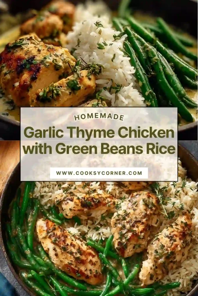 Healthy garlic thyme chicken meal with sautéed green beans and rice, perfect for a balanced dinner.