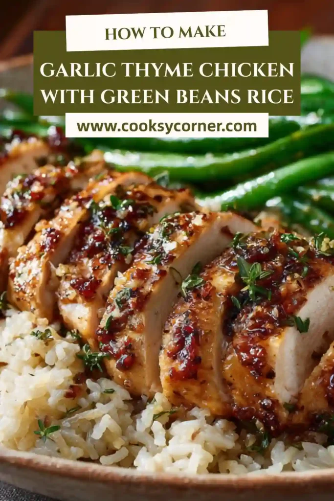 Close-up of garlic thyme chicken with vegetables and rice, showing texture and seasoning details.
